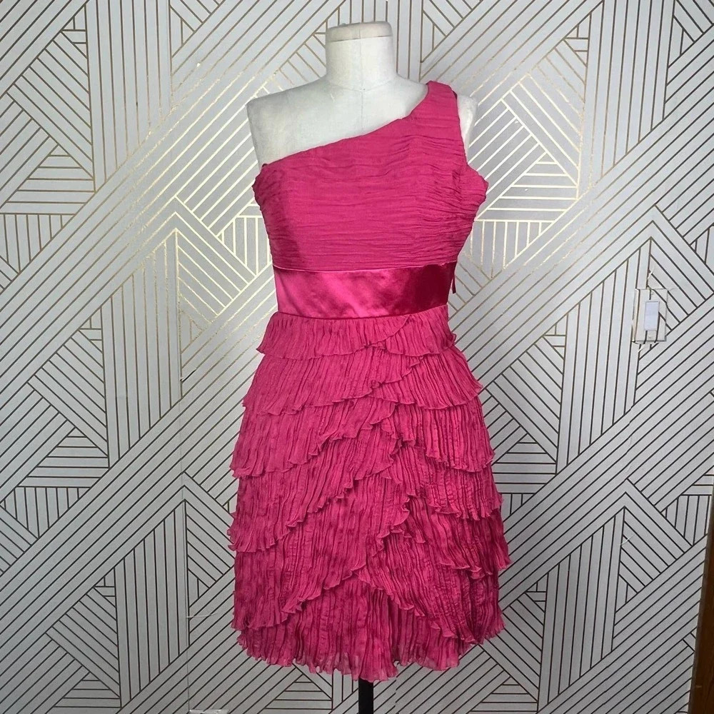 Pronovias Strawberry Pink One Shoulder Ruffle Cocktail Dress Size US 2